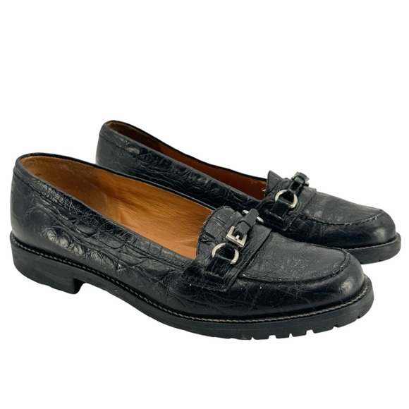 Talbots Black Leather Loafer Slip On Flats Croc Buckle Strap Lug Sole | Size 6 - Picture 2 of 10